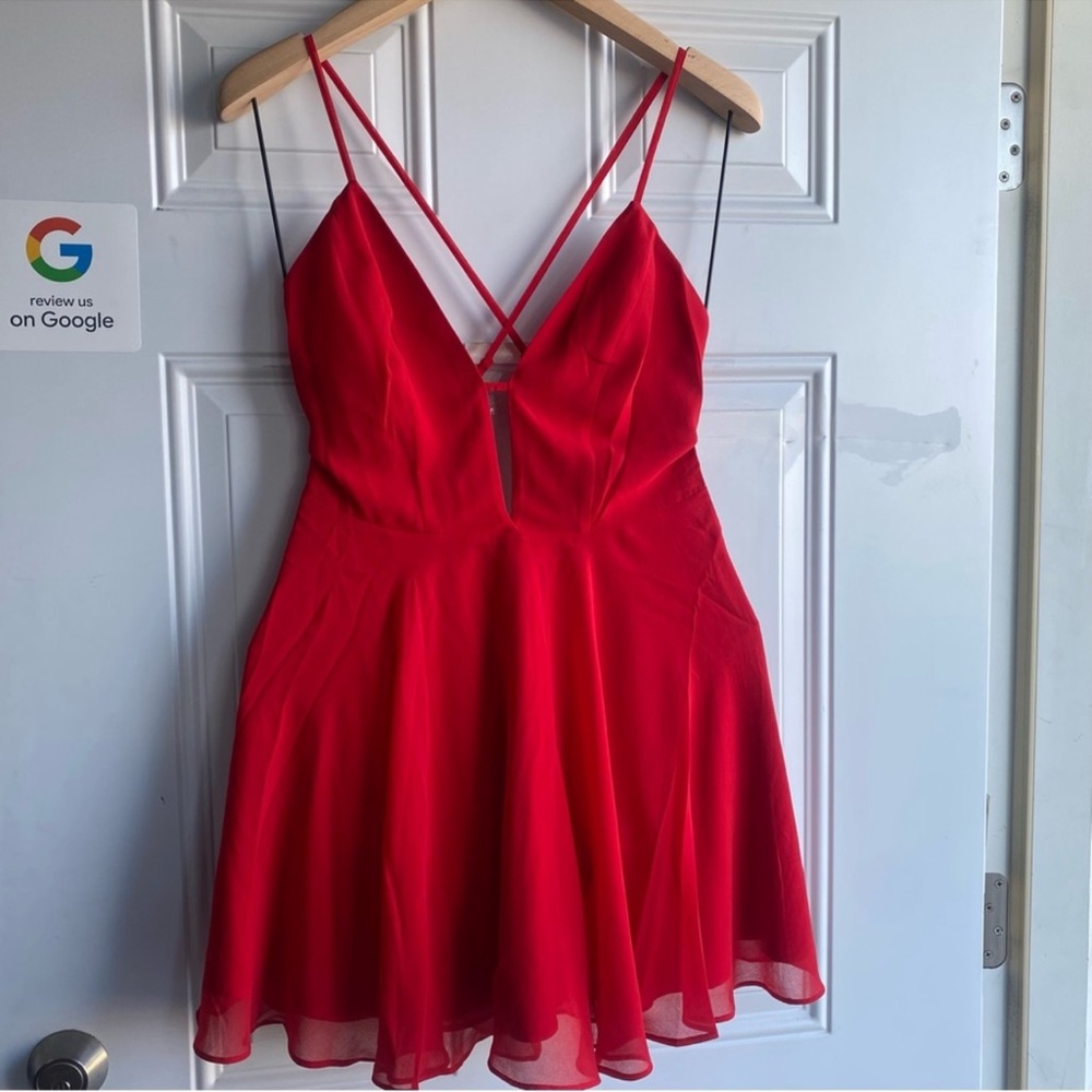 Bebe red mini skater skirt spaghetti cross strap flowy dress size 0 nwt